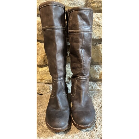 TIMBERLAND Brown Leather Tall Riding Pull-On Lug Sole Wood Grain Heel Boots W9 - Picture 2 of 8